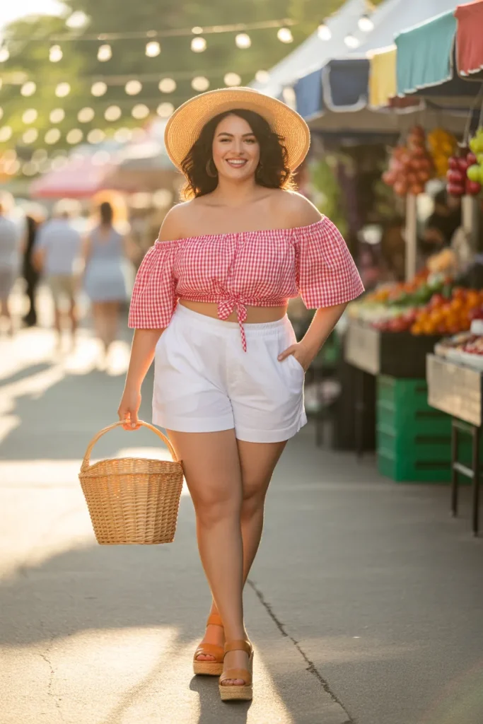 Plus Size Red Gingham Off Shoulder Top With White Shorts Outfit