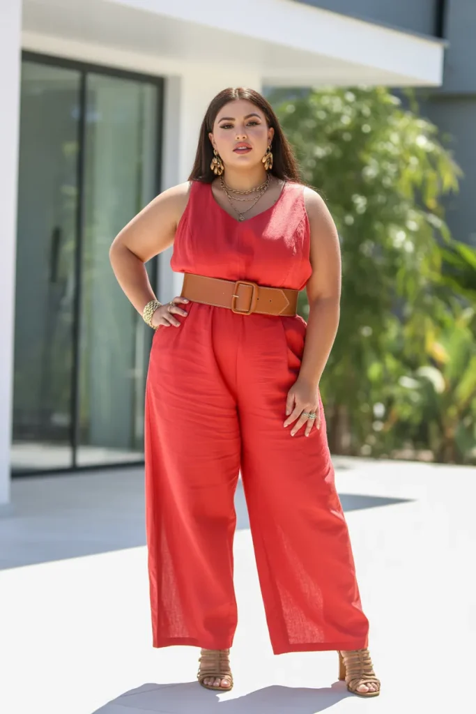 Plus Size Red Linen Jumpsuit