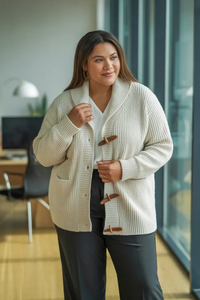 Plus Size Rib Knit Shawl Collar Toggle Cardigan