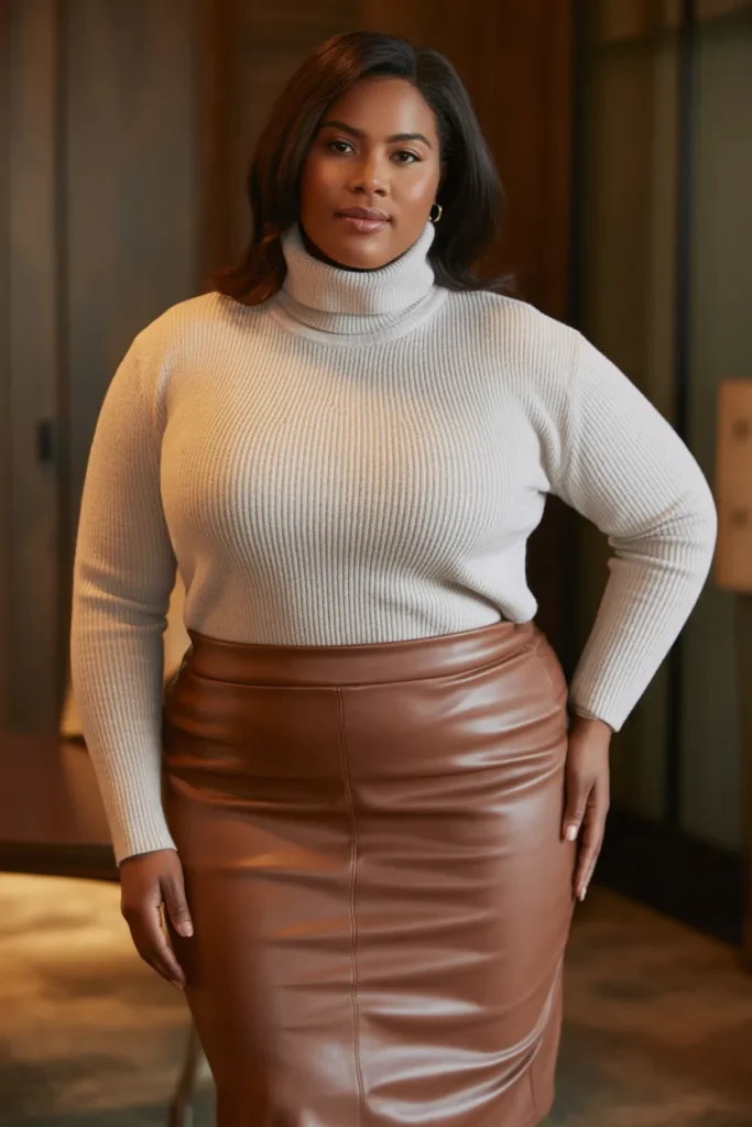 Plus Size Ribbed Turtleneck with Leather Pencil Skirt Outfit