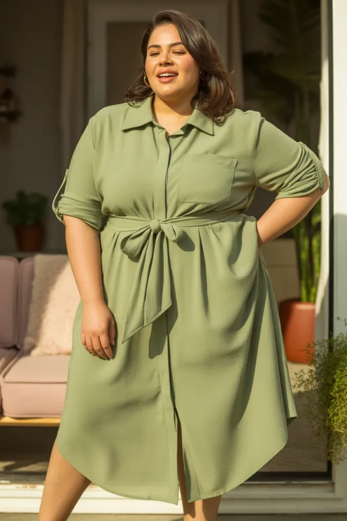 Plus Size Sage Green Shirt Dress with Tie Waist Outfit