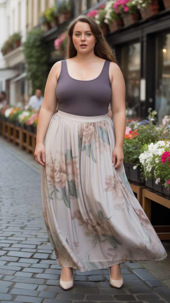 Plus Size Scoop Neck Bodysuit with Printed Maxi Skirt Outfit