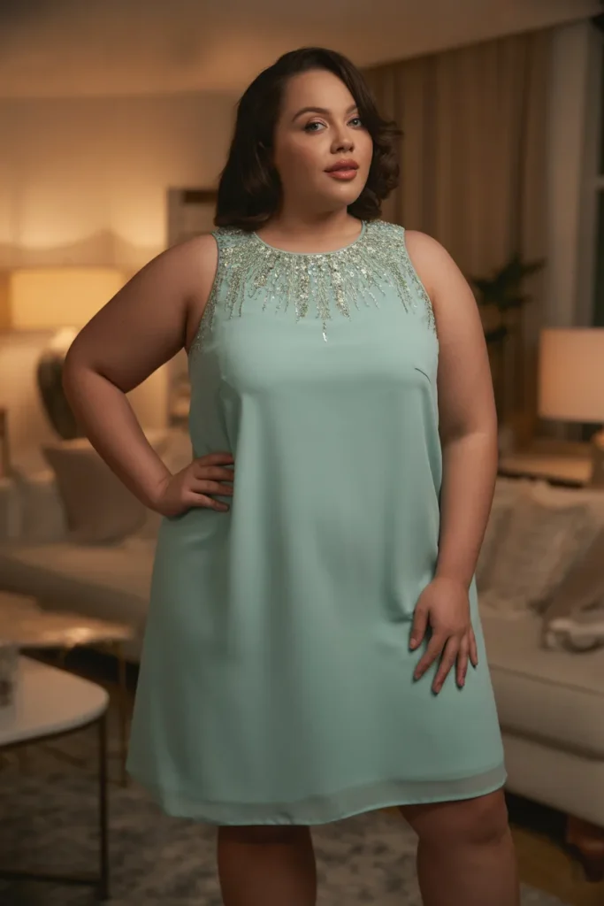 Plus Size Seafoam Green Embellished Neckline Shift Dress Outfit