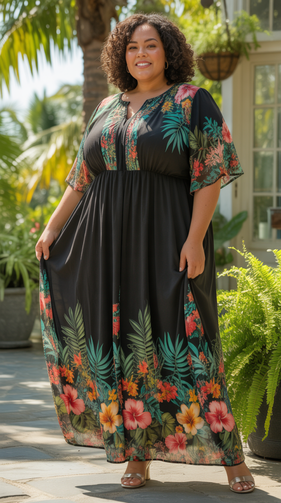 Plus Size Semi Formal Black Floral Tropical Border Print Maxi Dress