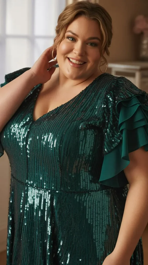 Plus Size Sequin Ruffle Sleeve Formal Dress