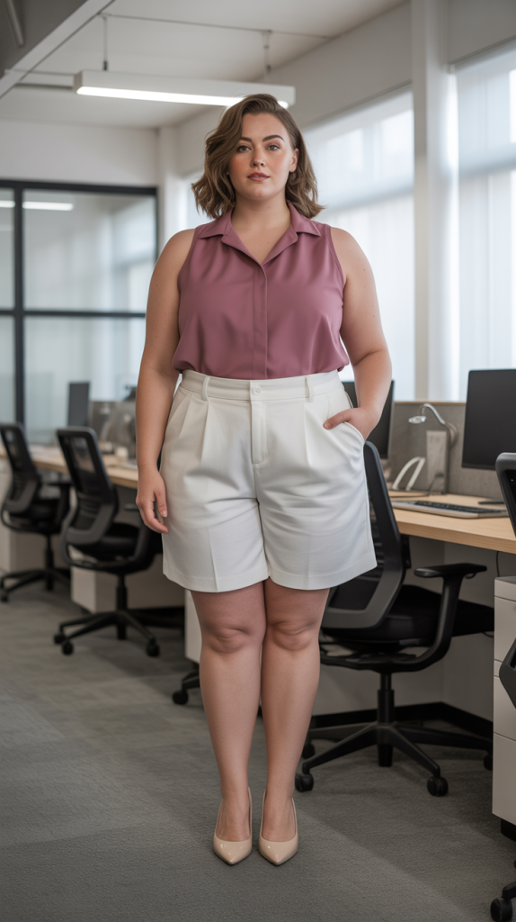 Plus Size Shell Top with Dress Shorts Outfit