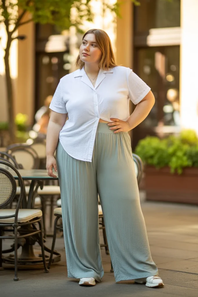 Plus Size Short Sleeve Button Up Shirt and Wide Leg Pant Set