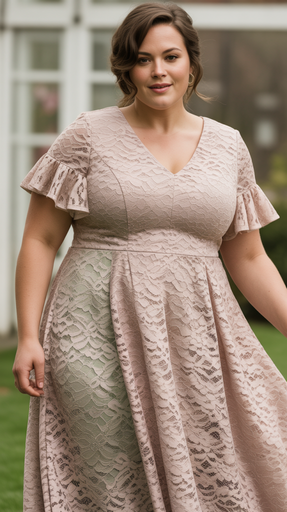 Plus Size Short Sleeve Ruffled V Neck A Line Lace Wedding Guest Dress