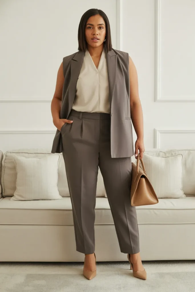 Plus Size Sleeveless Blazer with Tapered Trousers Outfit
