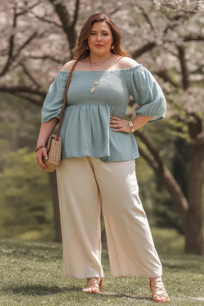 Plus Size Smocked Off The Shoulder Top and Linen Pants Hippie Spring Outfit
