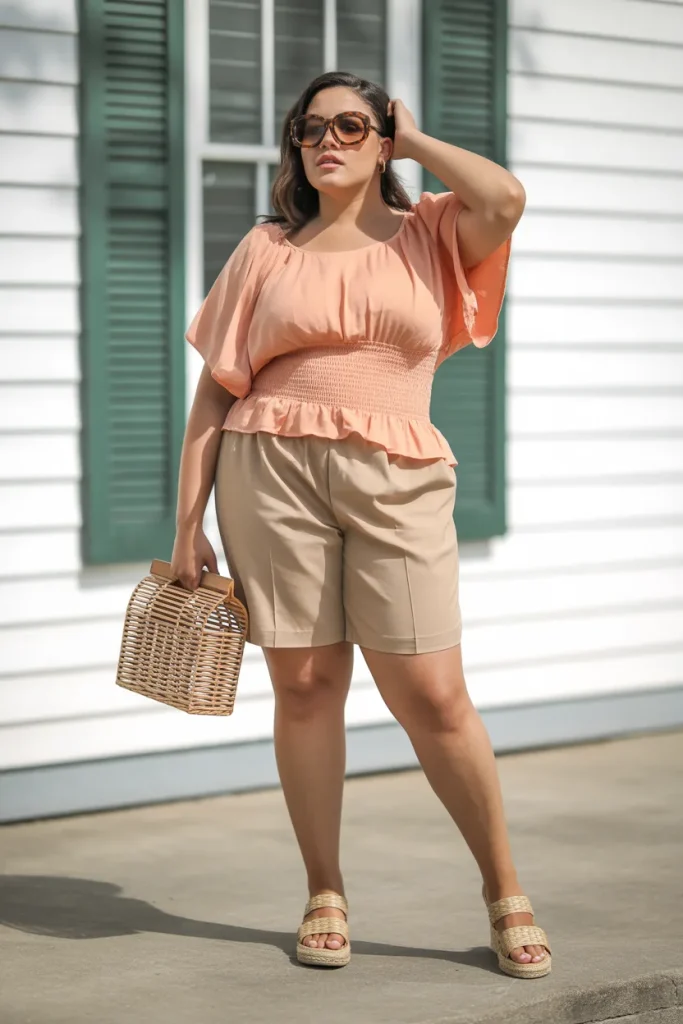 Plus Size Smocked Waist Top with Bermuda Shorts Outfit