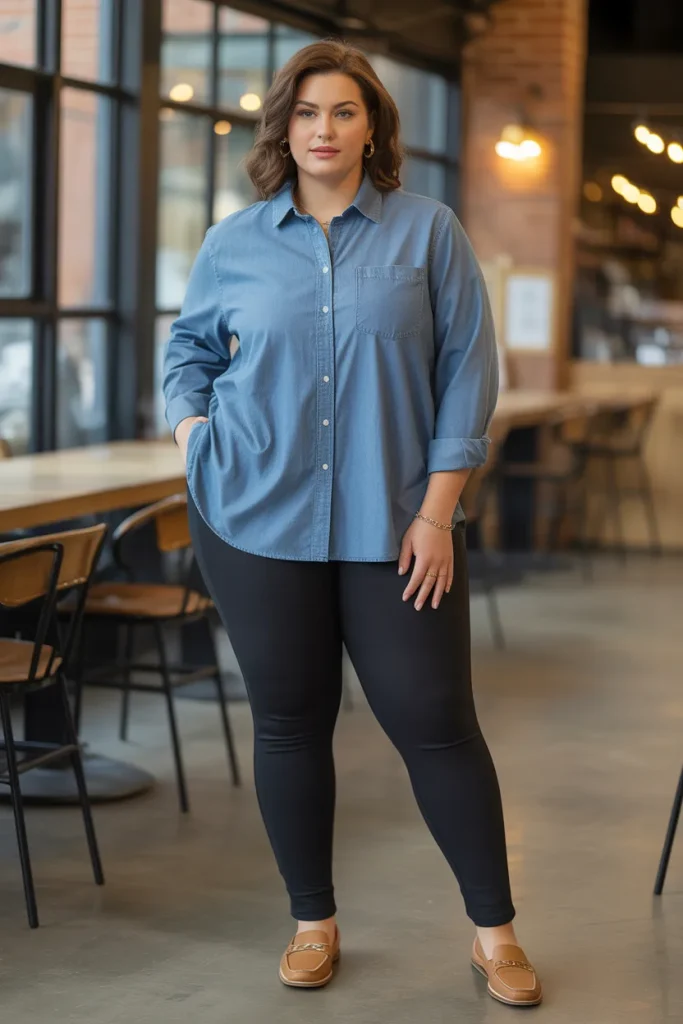 Plus Size Soft Chambray Shirt Paired With Black Stretchy Pants