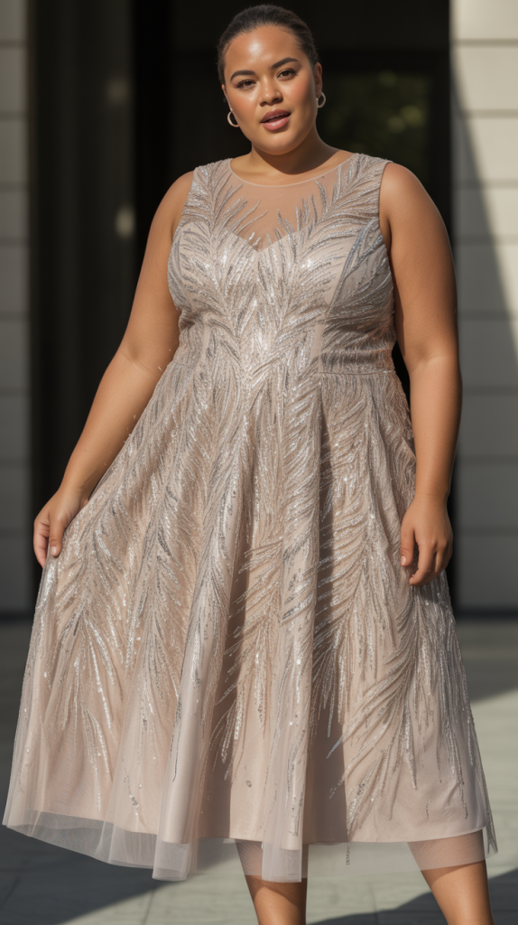 Plus Size Sparkly A Line Midi Tulle Formal Wedding Guest Dress with Leaf Sequin
