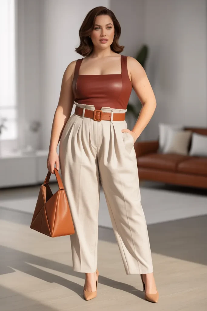 Plus Size Square Neck Bodysuit with Paperbag Waist Pants Outfit