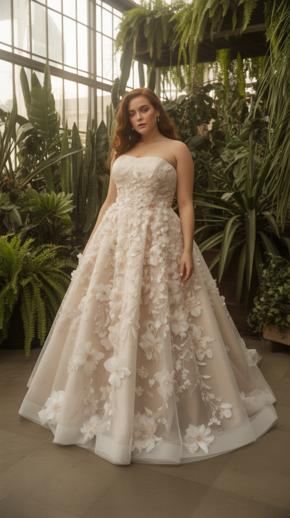 Plus Size Strapless Floral Applique Ball Gown Wedding Dress