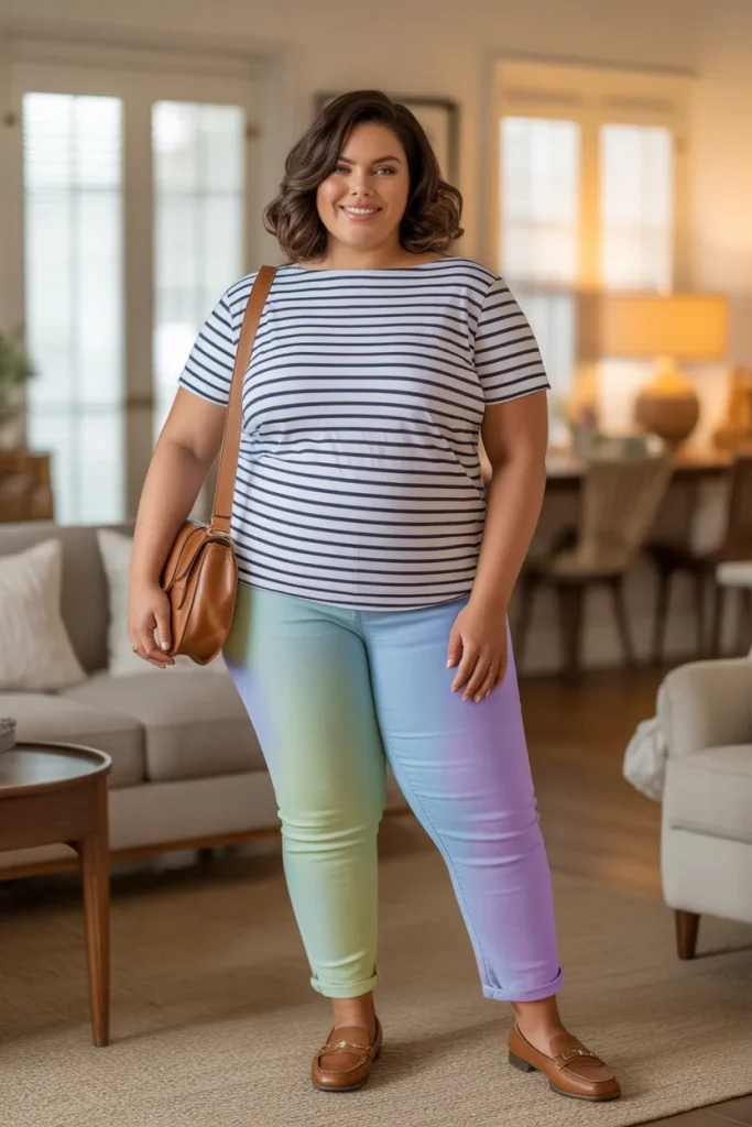 Plus Size Striped Boat Neck Shirt with Colored Denim Outfit