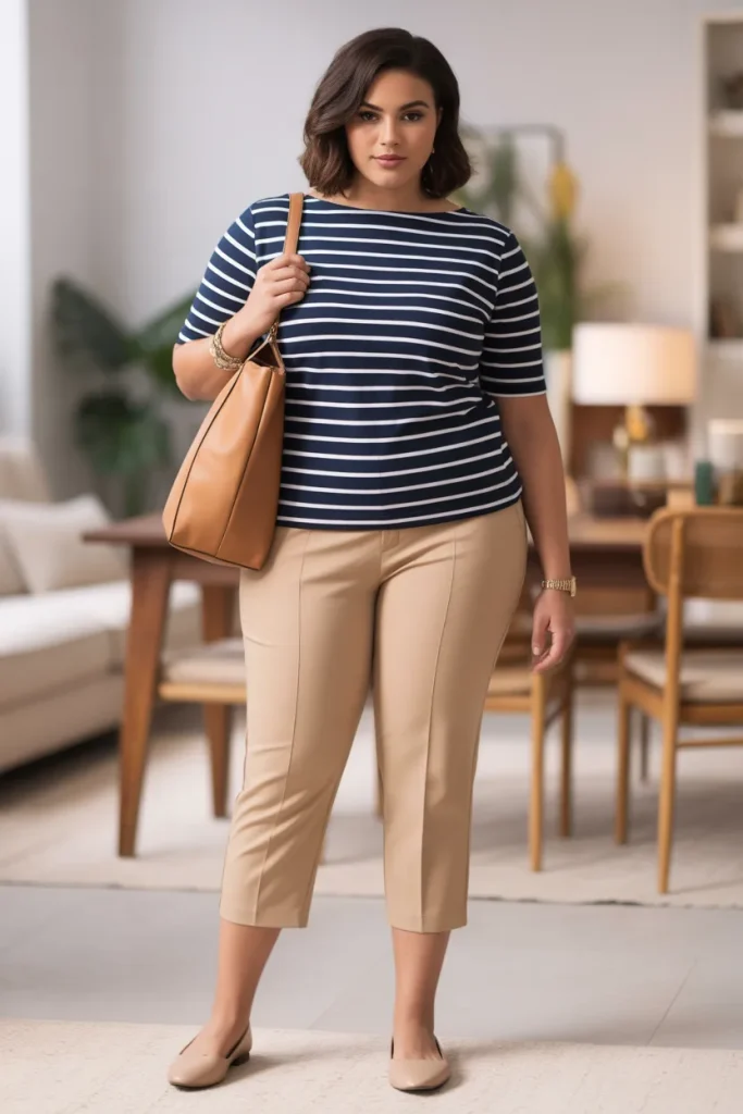 Plus Size Striped Boatneck Top and Capri Pants Outfit
