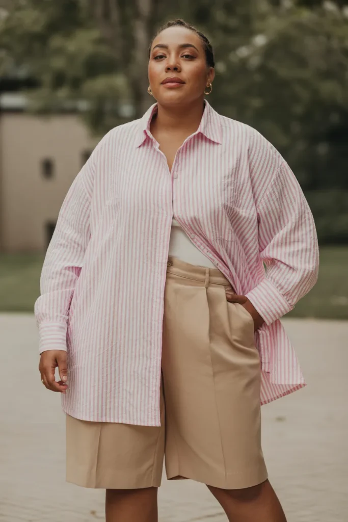 Plus Size Striped Linen Shirt With Bermuda Shorts Outfit