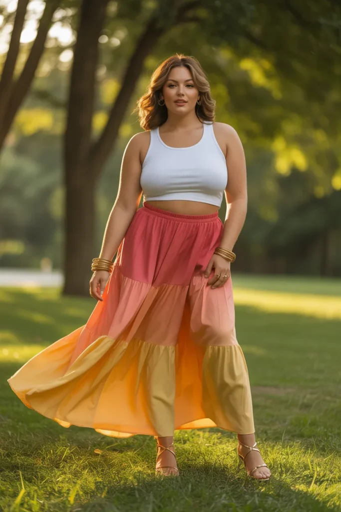 Plus Size Sunset Ombre Maxi Skirt With Cropped Tank Outfit