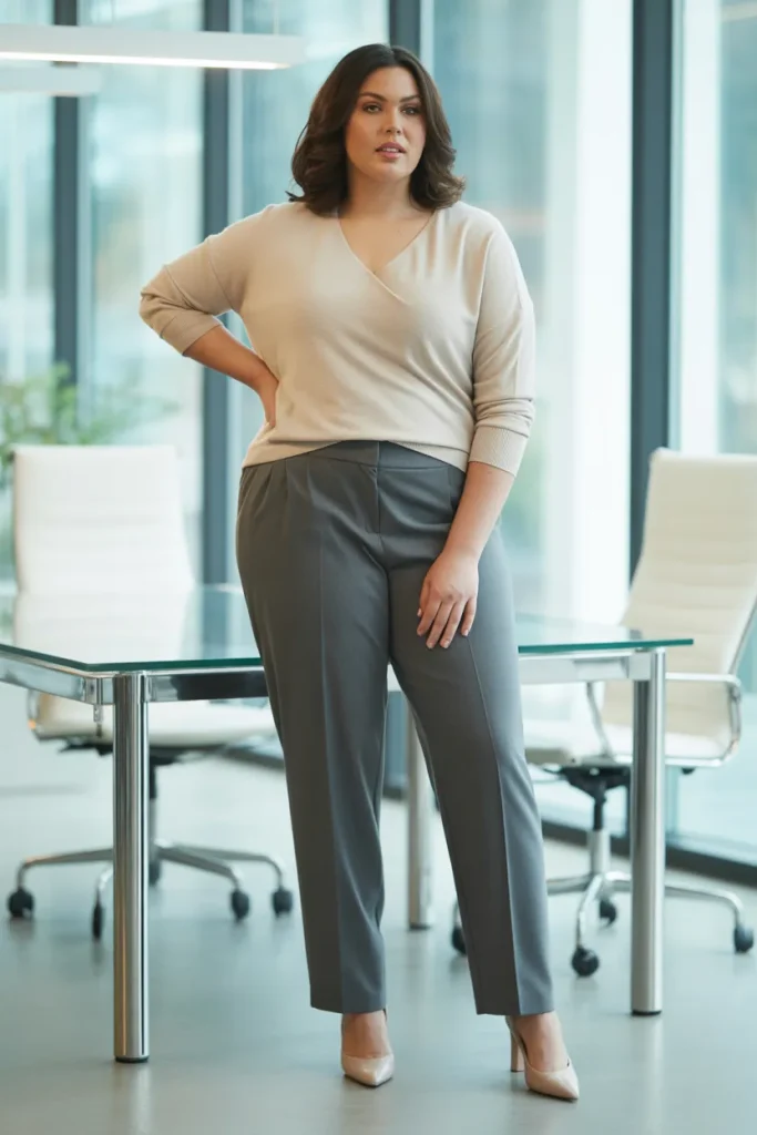 Plus Size Tapered Trousers with V Neck Sweater Outfit