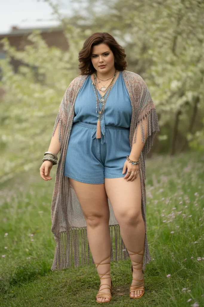 Plus Size Tassel Fringe Kimono and Chambray Romper Hippie Spring Outfit