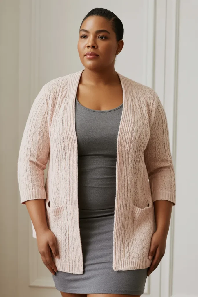 Plus Size Textured Knit Cardigan With Tank Dress Outfit
