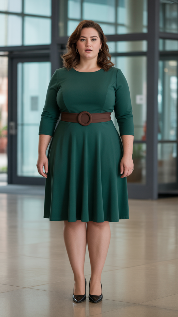 Plus Size Three Quarter Sleeve Dress with Statement Belt Outfit