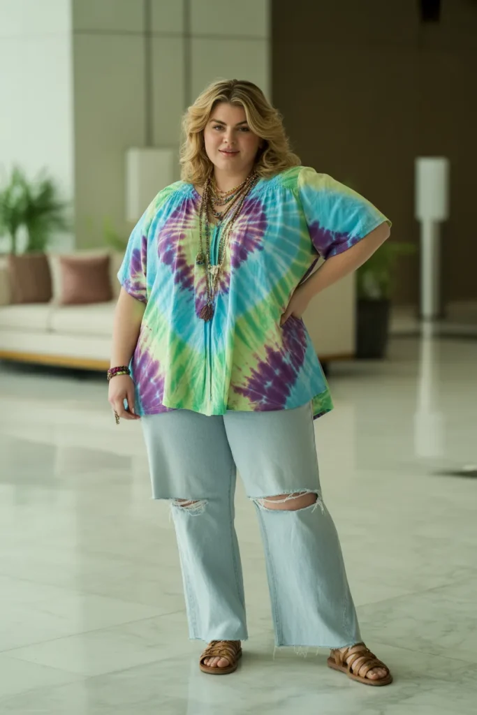 Plus Size Tie Dye Tunic Top and Distressed Boyfriend Jeans Hippie Spring Outfit
