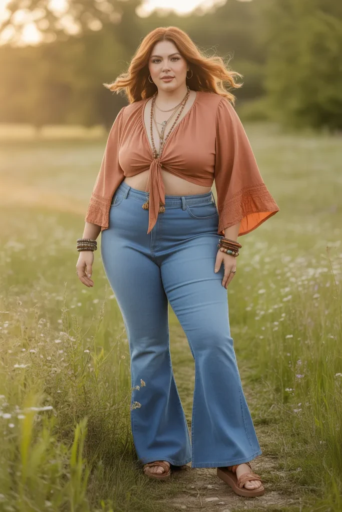 Plus Size Tie Front Crop Top and High Waisted Flare Jeans Hippie Spring Outfit