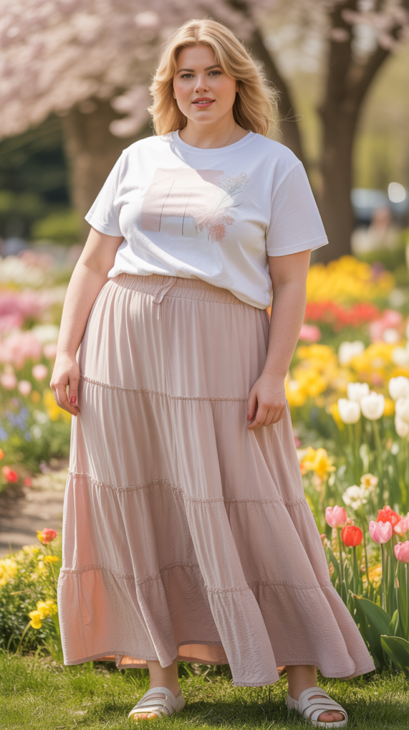 Plus Size Tiered Maxi Skirt with Graphic Tee Outfit