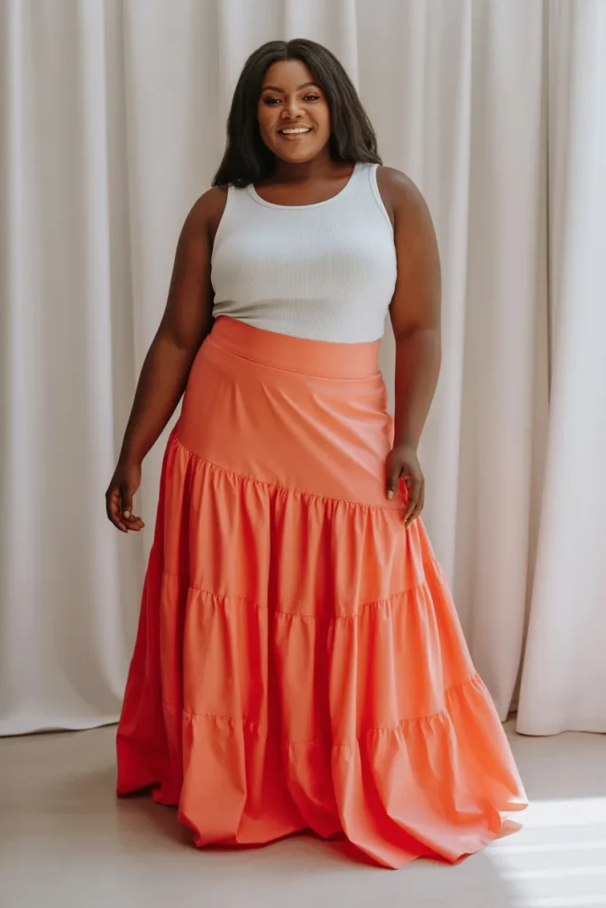 Plus Size Tiered Ruffle Maxi Skirt With Fitted Top Outfit