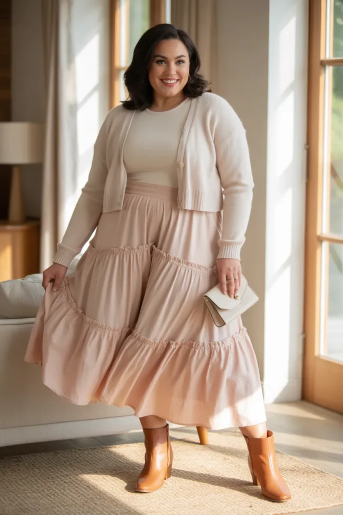Plus Size Tiered Ruffle Skirt with Cropped Cardigan Outfit