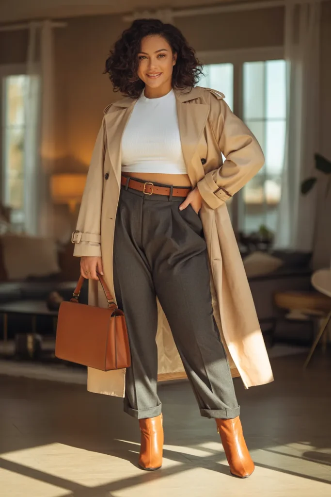 Plus Size Trench Coat and Crop Top Outfit