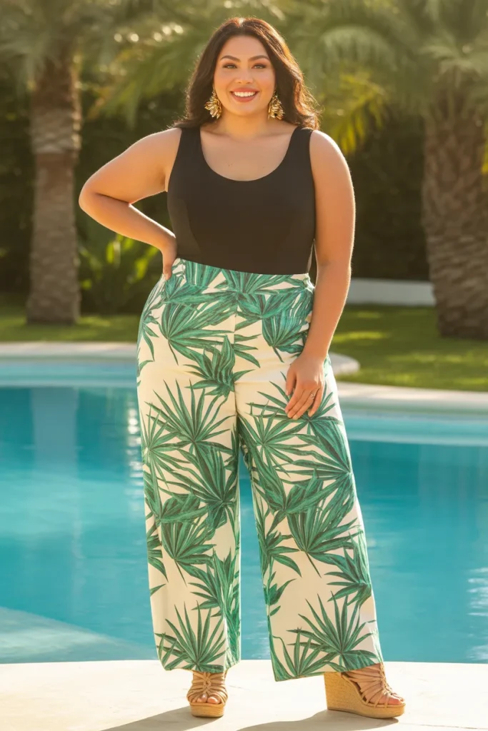 Plus Size Tropical Palm Print Palazzo Pants With Black Bodysuit Outfit
