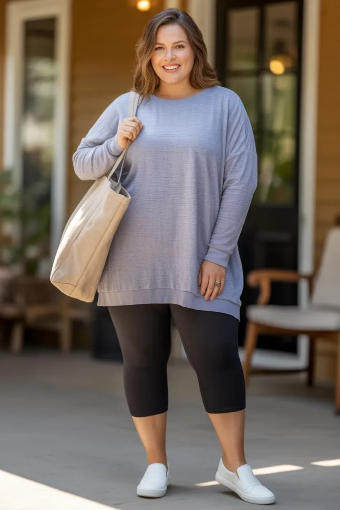 Plus Size Tunic Sweater with Capri Leggings Outfit