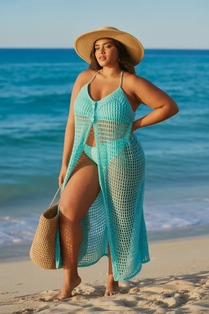Plus Size Turquoise Crochet Beach Dress Over Bikini Outfit