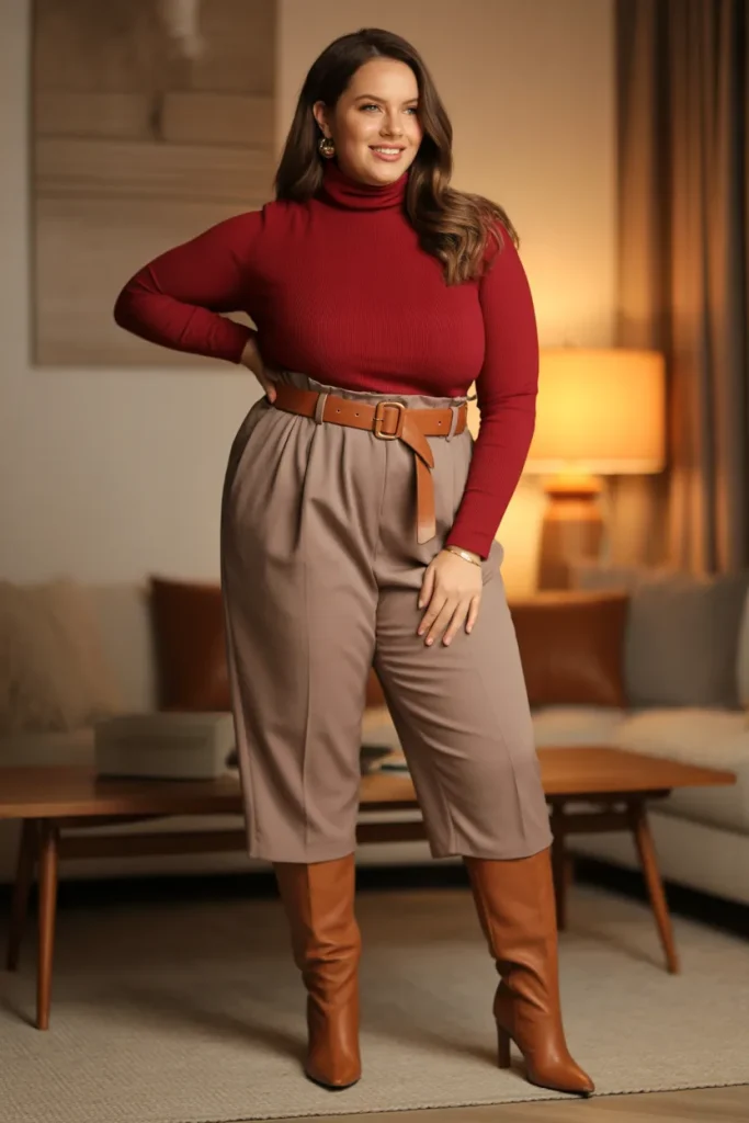 Plus Size Turtleneck and Paper Bag Waist Pants Outfit