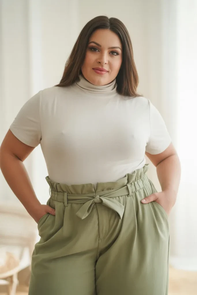Plus Size Turtleneck with Paperbag Waist Pants Outfit