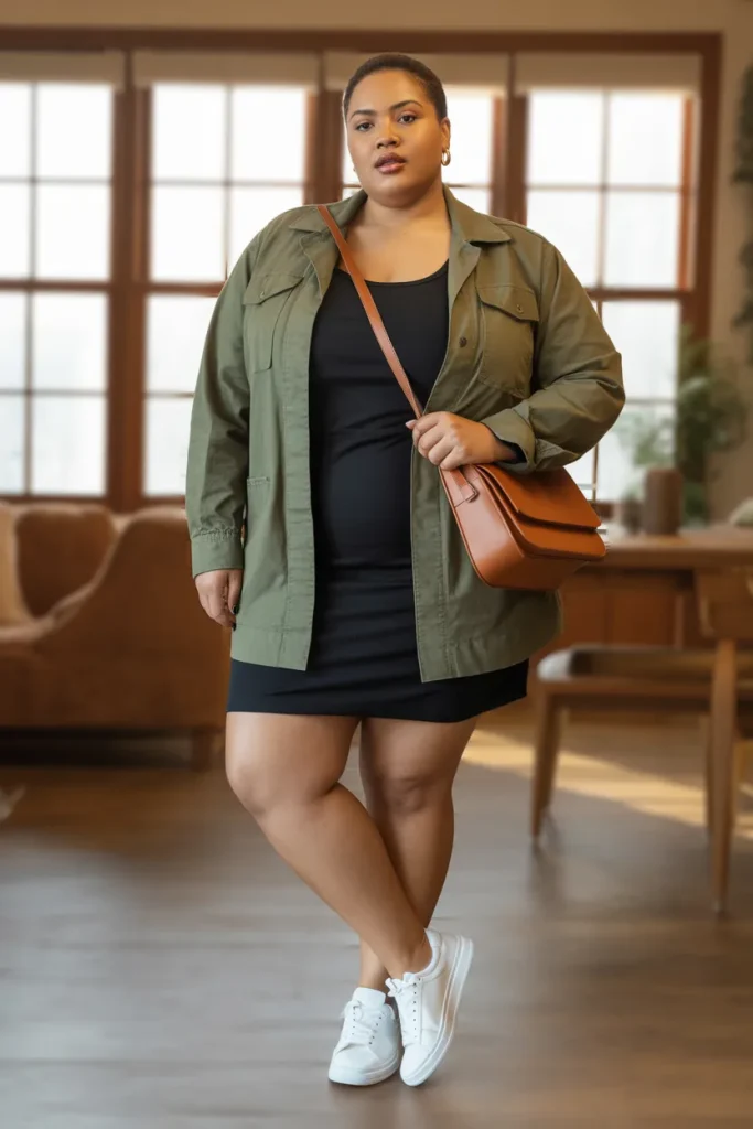 Plus Size Utility Jacket with Tank Dress Outfit