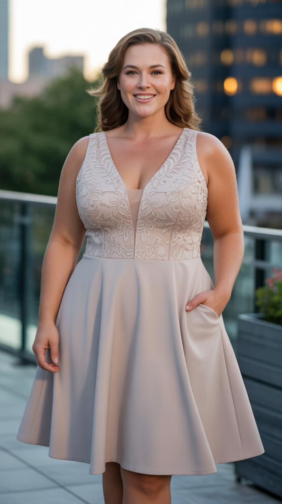 Plus Size V neck Lace Bodice A line Cocktail Dress with Pockets