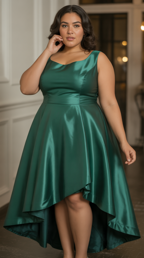 Plus Size Wedding Guest Emerald Green High Low Gown Satin Midi Dress