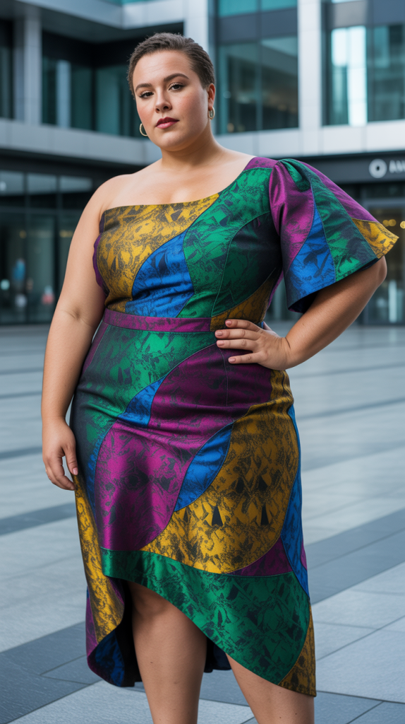 Plus Size Wedding Guest Multicolor Asymmetrical Jacquard Midi Dress