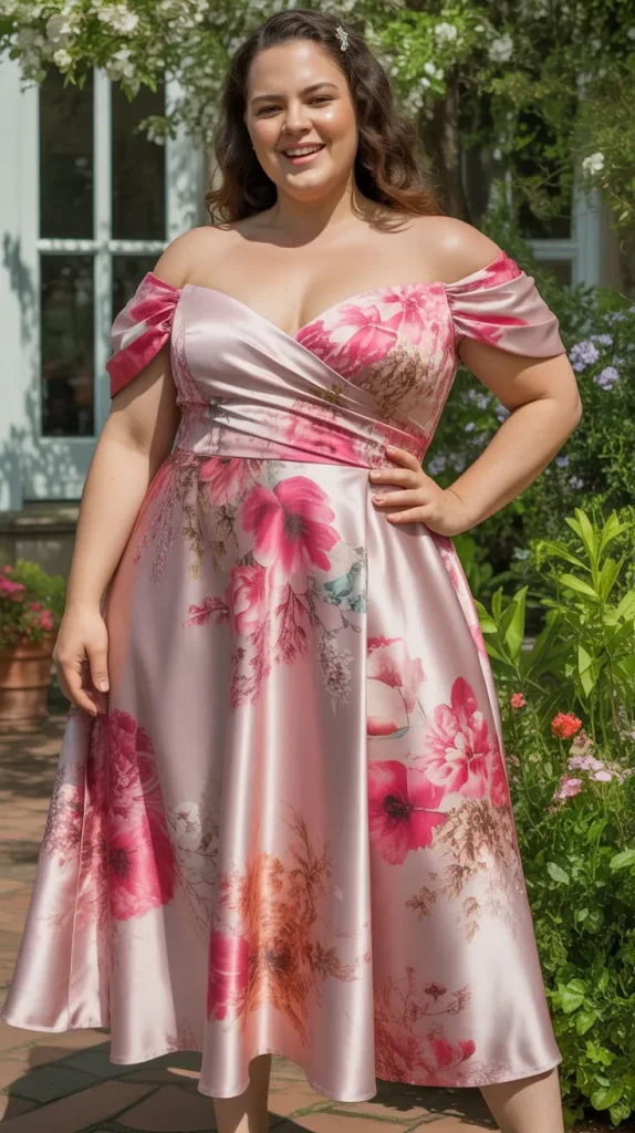 Plus Size Wedding Guest Pink Floral Off The Shoulder Satin Midi Dress