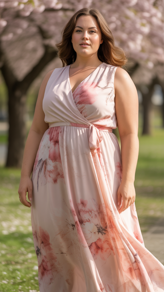 Plus Size Wedding Guest Pink Floral V Neck Wrap Chiffon Maxi Dress
