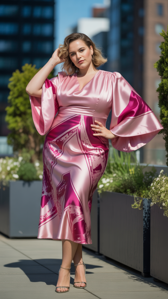 Plus Size Wedding Guest Pink Graphic Bell Sleeves Satin Midi Dress