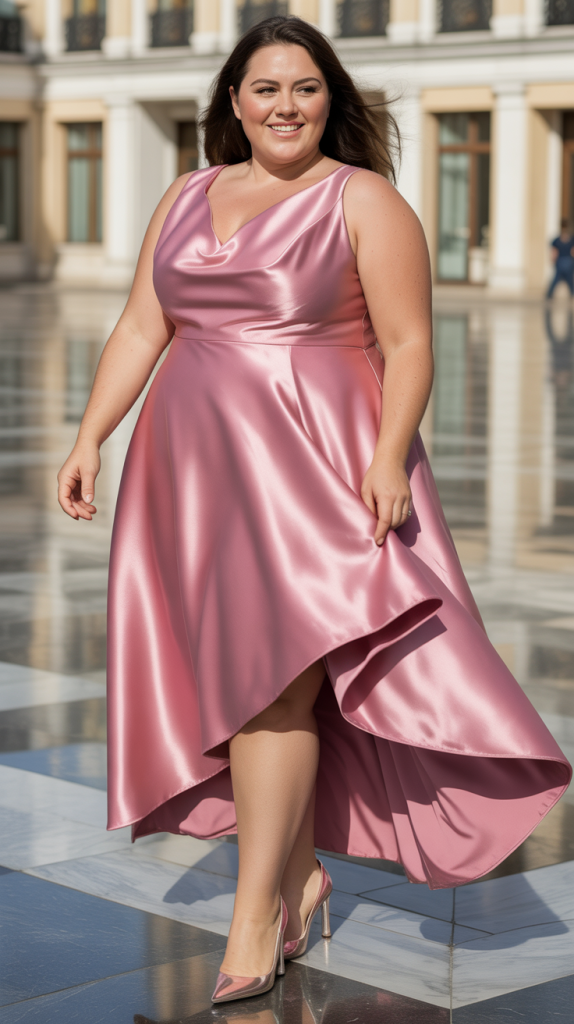Plus Size Wedding Guest Pink High Low Hem Satin Midi Dress