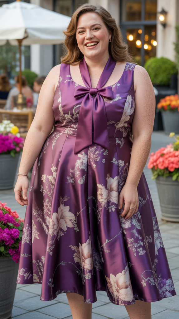 Plus Size Wedding Guest Purple Floral Tea Length Bow Tie Satin Midi Dress