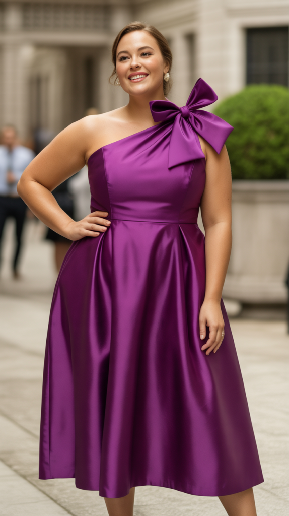 Plus Size Wedding Guest Purple One Shoulder with Statement Bow Tie Midi Dress