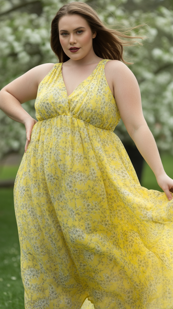 Plus Size Wedding Guest Yellow Ditsy Floral Chiffon Maxi Dress