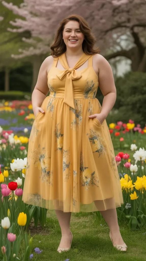 Plus Size Wedding Guest Yellow Floral Bow Tie Pocket Tulle Midi Dress